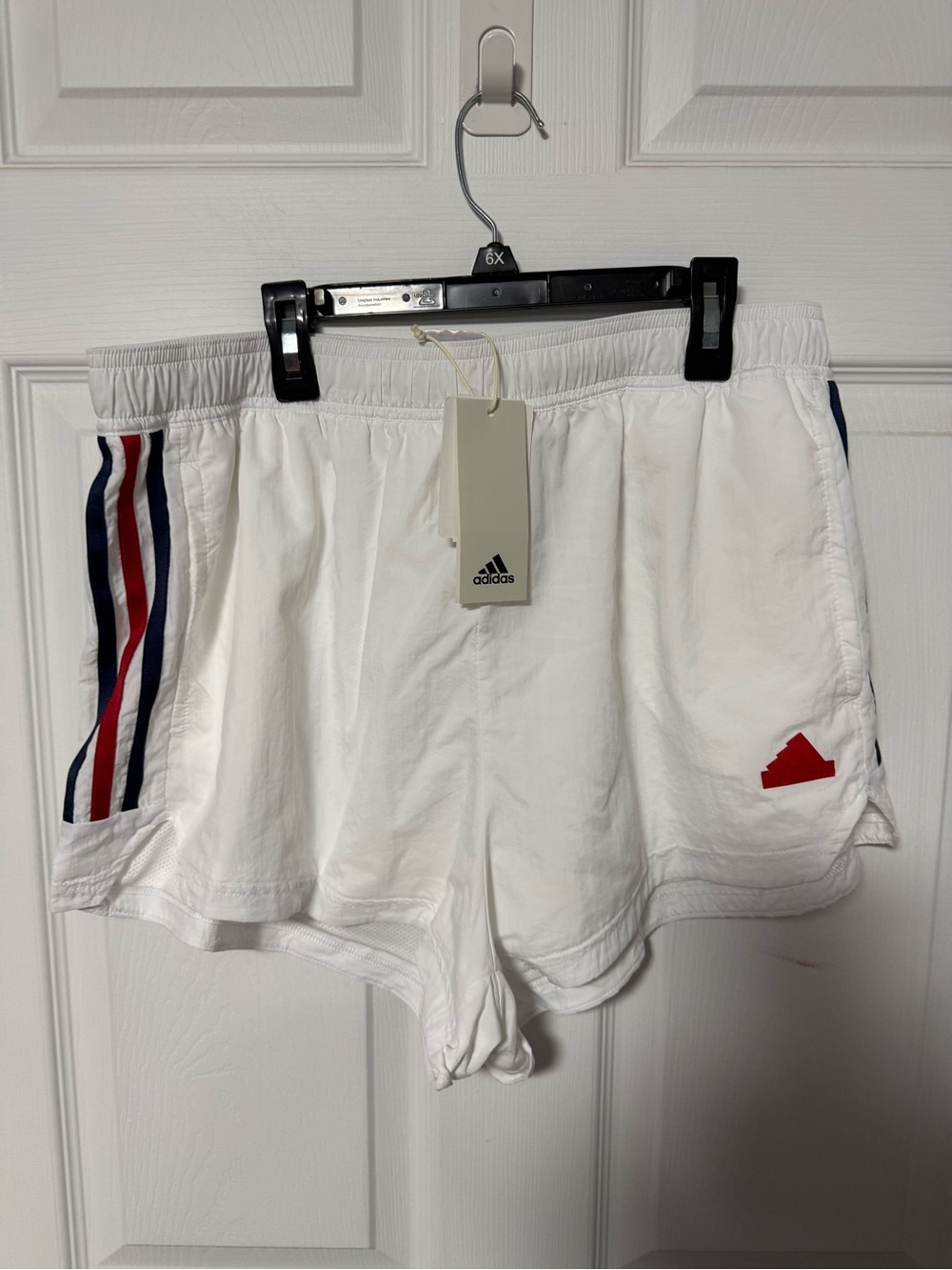 adidas White Women's Athletic Shorts with Red & Navy Stripes
